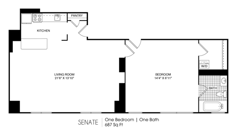Floor plan for 1 bed, 1 bath, 687 sqft